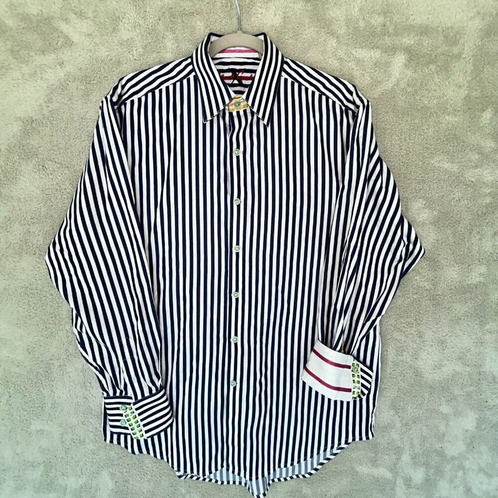 Robert Graham L Shirt Mens Large Navy Blue Striped Pink Flip Cuff Green Trim 100
